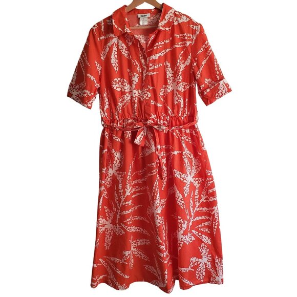 Dkny Dresses & Skirts - DKNY Red-Orange Print Shirt Dress 12 White Leaf Print Cotton Midi